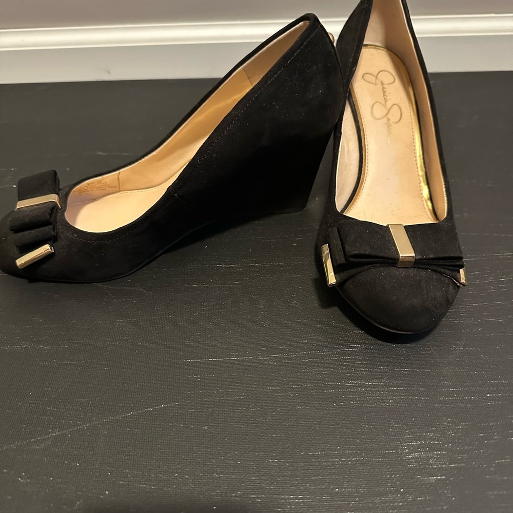 Jessica Simpson Black Wedge Shoes with Gold Bow Detail